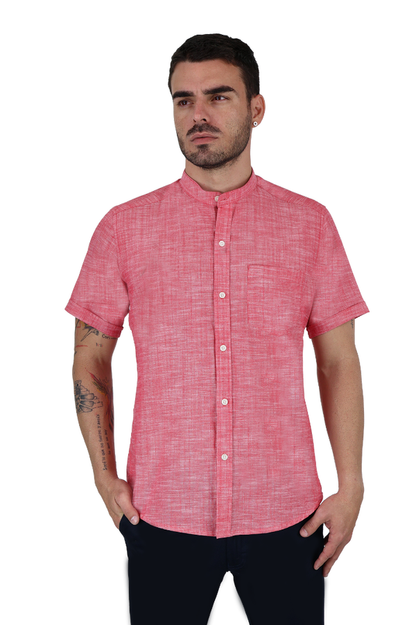 Camisa Manga Corta Color Coral Slim Fit Look De Lino Para Caballero 